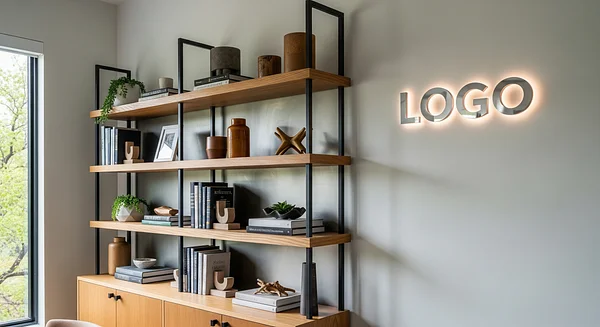 Modern Austin Bookshelf Branded Virtual Office Background with Company Logo - Real Estate