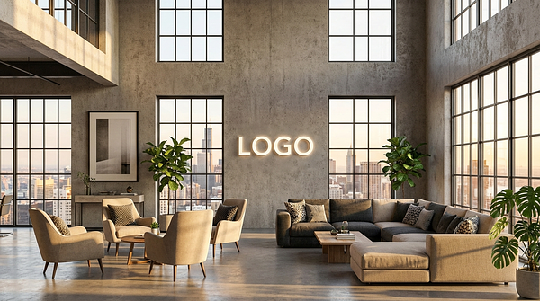 Concrete loft Branded Virtual Office Background with Company Logo - Creative