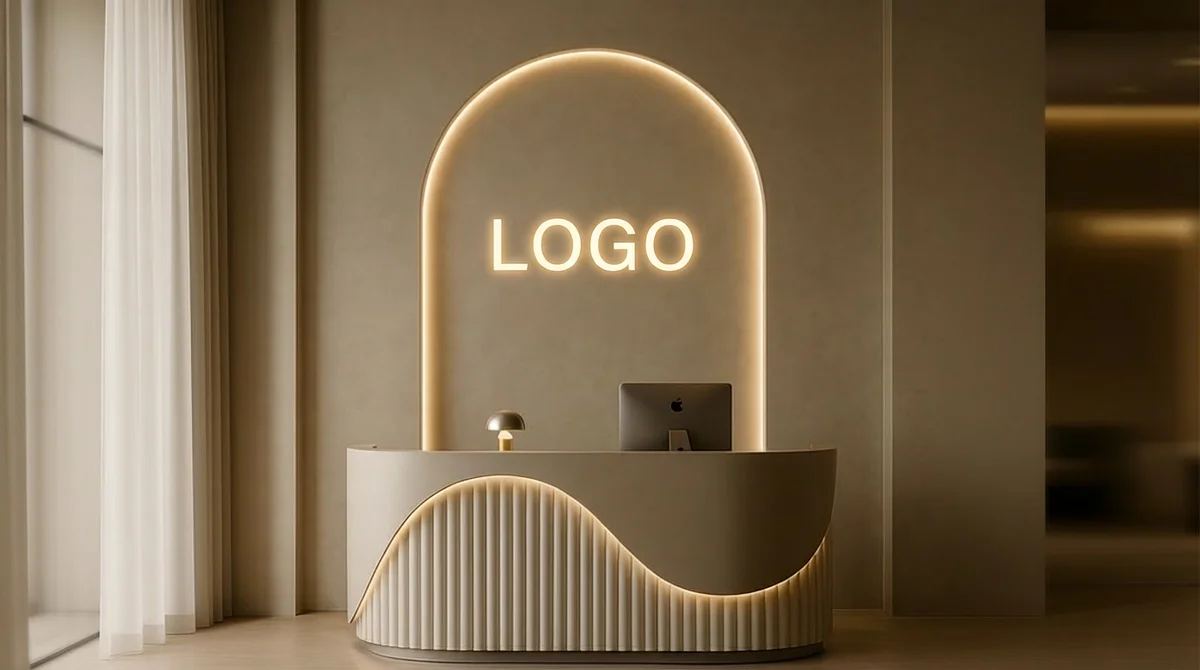 Sculpted Reception Arch Branded Virtual Office Background with Company Logo - Real Estate