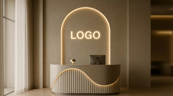 Sculpted Reception Arch Branded Virtual Office Background with Company Logo - Real Estate