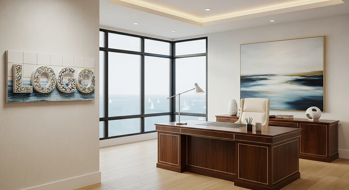 Harborview Executive Suite Branded Virtual Office Background with Company Logo - Corporate