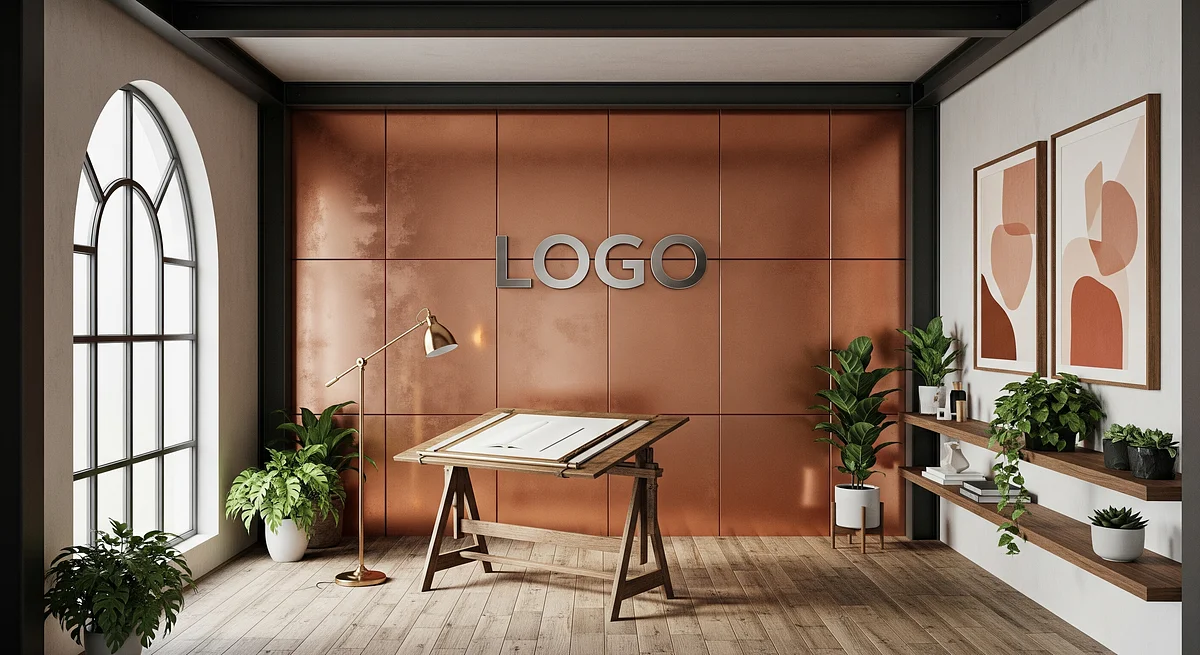 Copper Horizon Atelier Branded Virtual Office Background with Company Logo - Creative