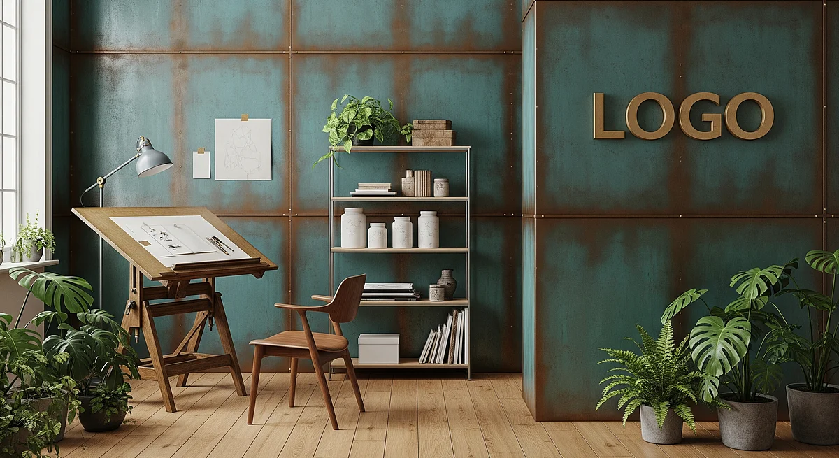 Verdigris Atelier Haven Branded Virtual Office Background with Company Logo - Creative