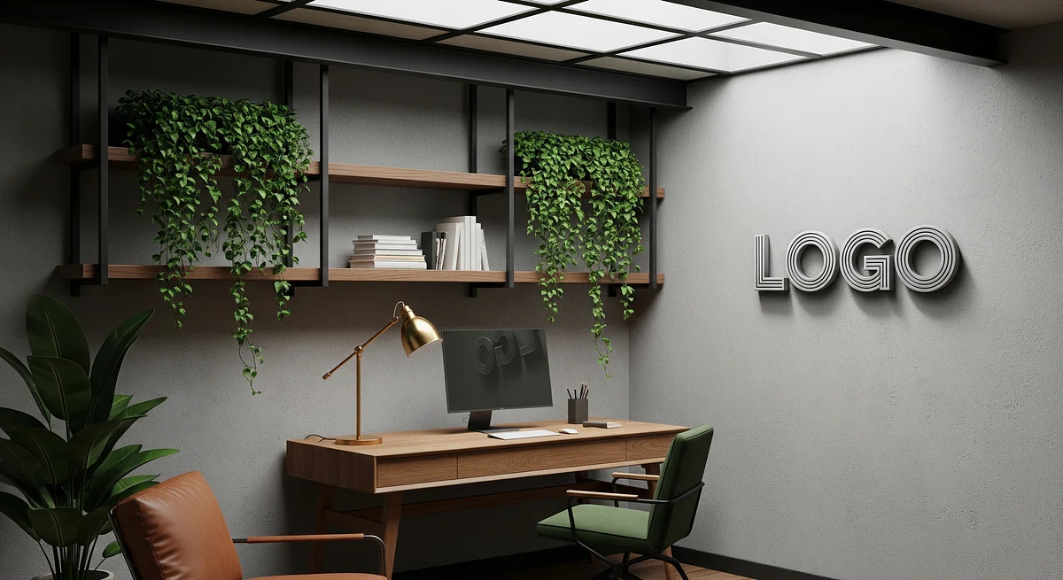 Verdant Brass Loft Nook Branded Virtual Office Background with Company Logo - Creative