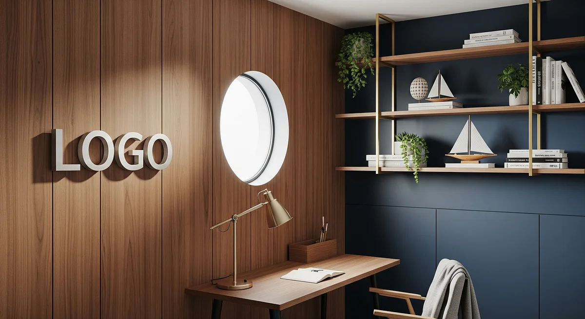 Maritime Walnut Idea Nook Branded Virtual Office Background with Company Logo - Creative